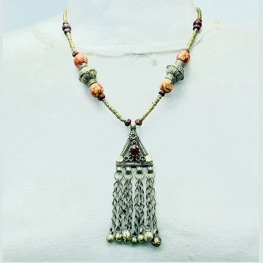 Vintage Kuchi Pendant Necklace With Beaded Chain