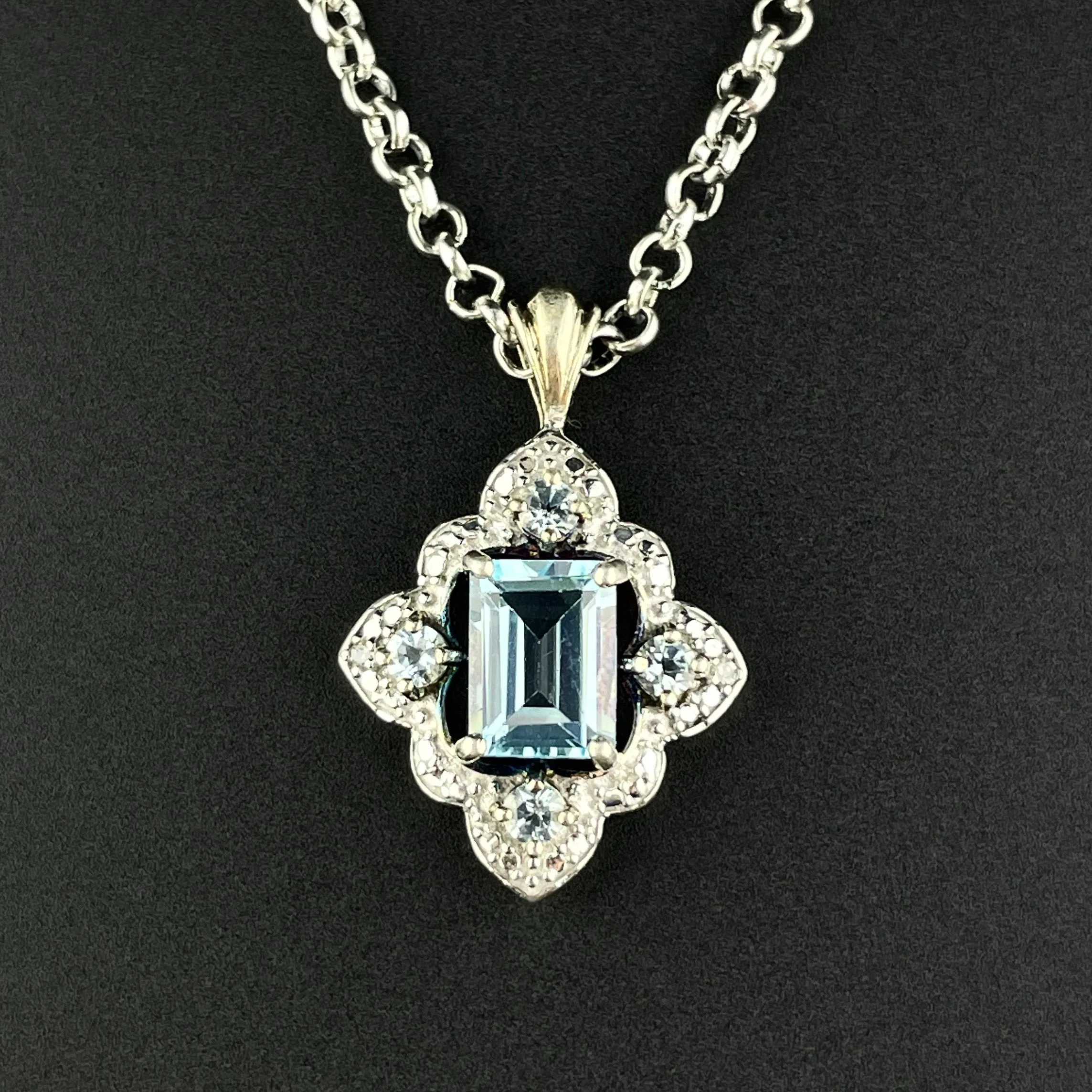 Vintage Sterling Silver Diamond Blue Topaz Pendant Necklace