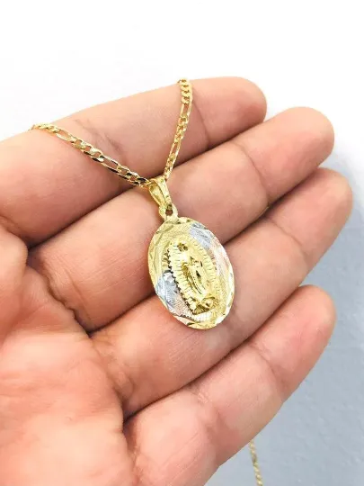 Virgen de Guadalupe Necklace Tri Color Diamond Cut 20x13mm With Figaro Link Chain 20" / 14K Gold Filled Everyday Necklace / Dije de la Guadalupe