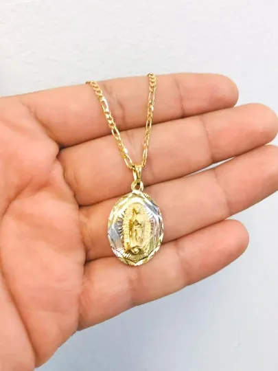 Virgen de Guadalupe Necklace Tri Color Diamond Cut 20x13mm With Figaro Link Chain 20" / 14K Gold Filled Everyday Necklace / Dije de la Guadalupe