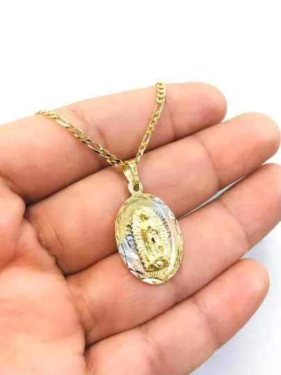 Virgen de Guadalupe Necklace Tri Color Diamond Cut 20x13mm With Figaro Link Chain 20" / 14K Gold Filled Everyday Necklace / Dije de la Guadalupe