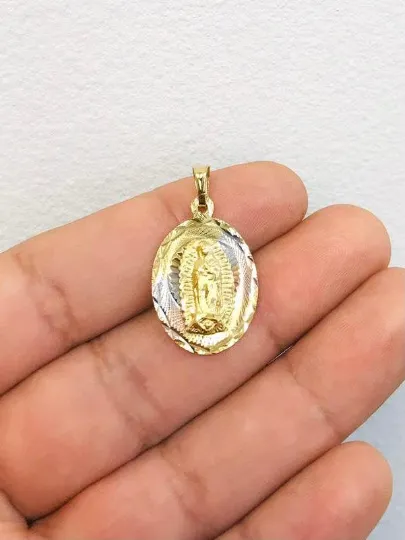 Virgen de Guadalupe Necklace Tri Color Diamond Cut 20x13mm With Figaro Link Chain 20" / 14K Gold Filled Everyday Necklace / Dije de la Guadalupe