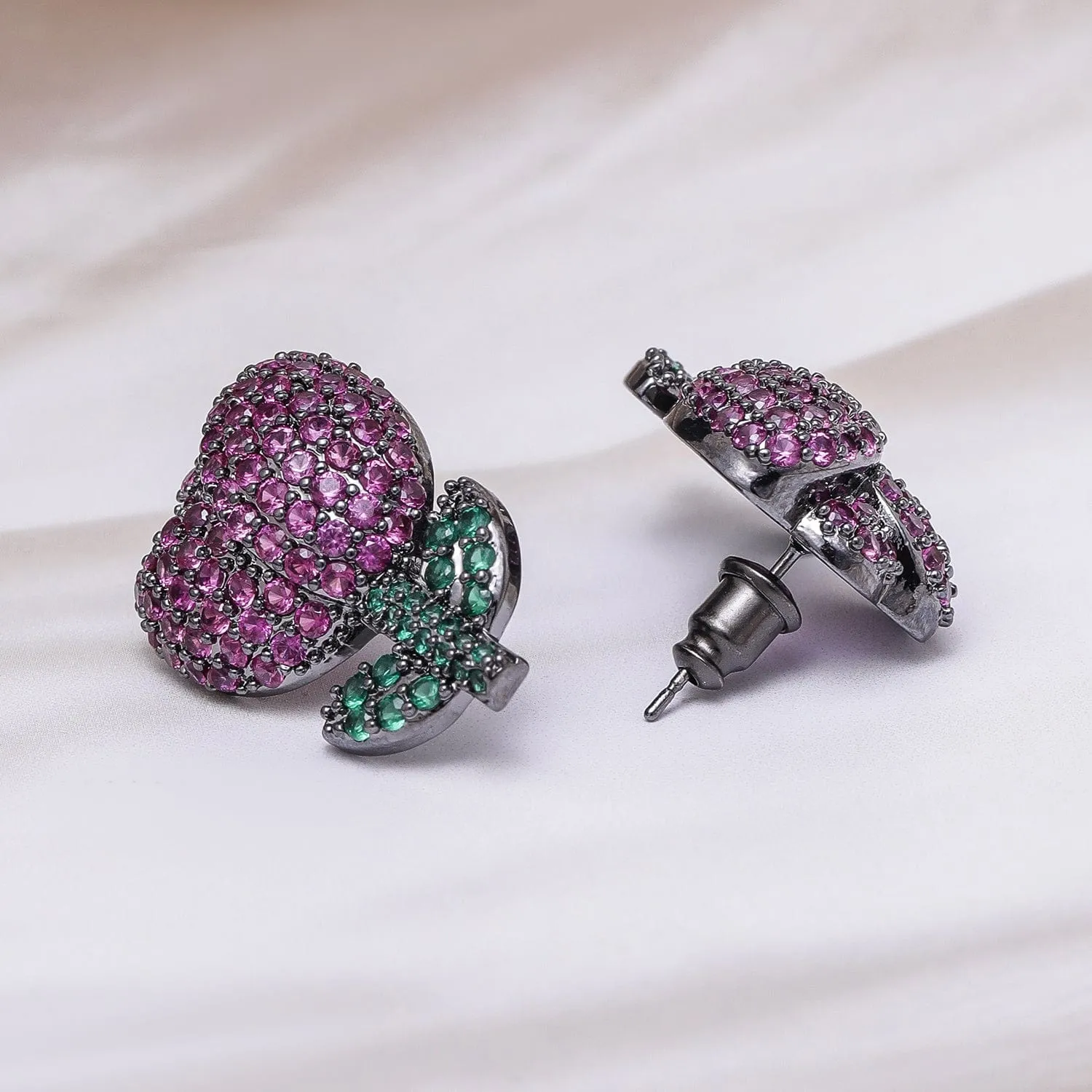 Voguish Rhodium Plated Black Tone Ruby Pink & Emerald AD & Zirconia Studded Floral Stud Earrings