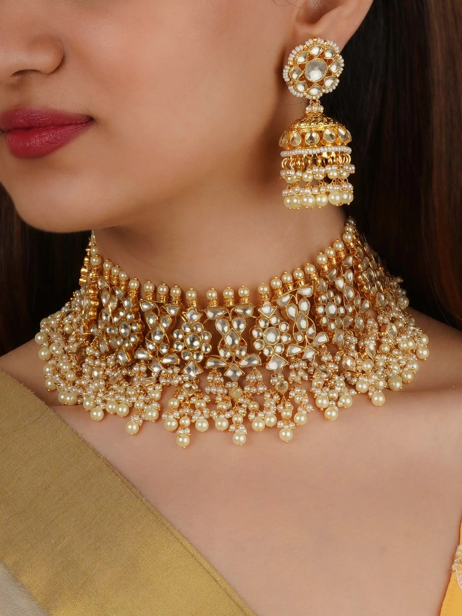 White Color Gold Plated Jadau Kundan Necklace Set - MS1222YA