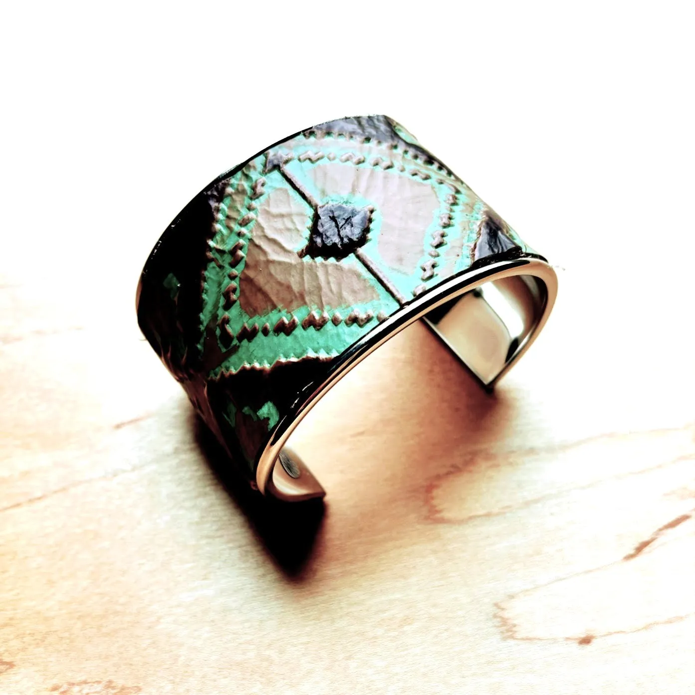 Wide Cuff Bangle Bracelet in Turquoise Navajo Leather 001m