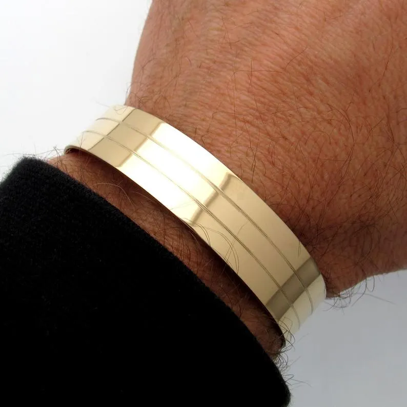 Wide Mens Bracelet Gold Line - Stripe Cuff Bracelet