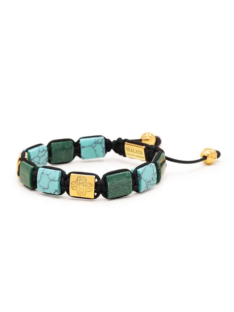 Women's Turquoise and Green Jade Flatbead Bracelet with Gold Plated Dorje