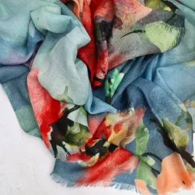 Wool/Silk Scarf - Floral on Blue