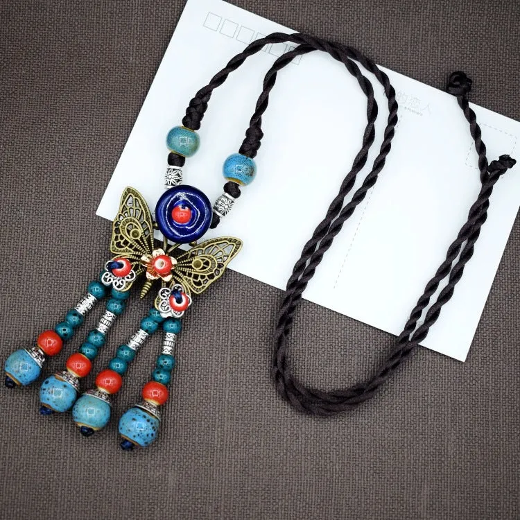 Woven Bohemian Ceramic Necklace Creative Ceramic Retro Long Ethnic Style Necklace Handmade Lady Jewelry Gift