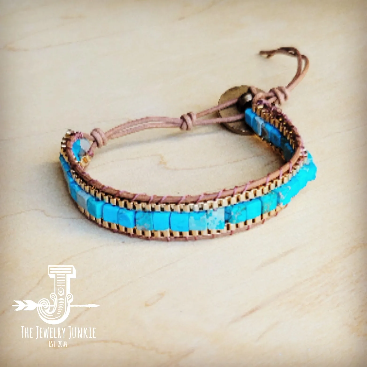 Woven Turquoise & Bronze Stacked Stone Bracelet 809r