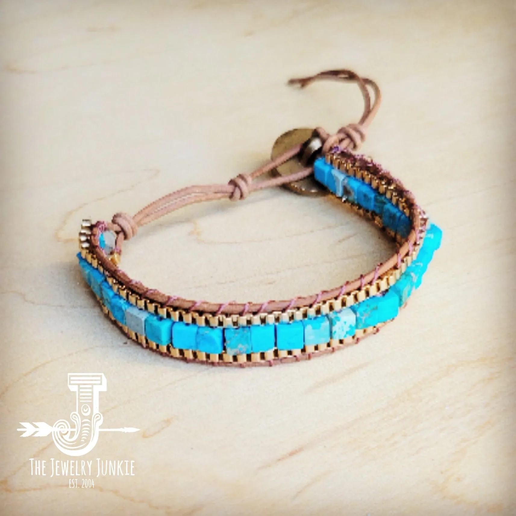 Woven Turquoise & Bronze Stacked Stone Bracelet 809r