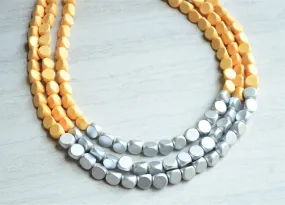 Yellow Silver Wood Beaded Multi Strand Boho Statement Necklace - Lisa