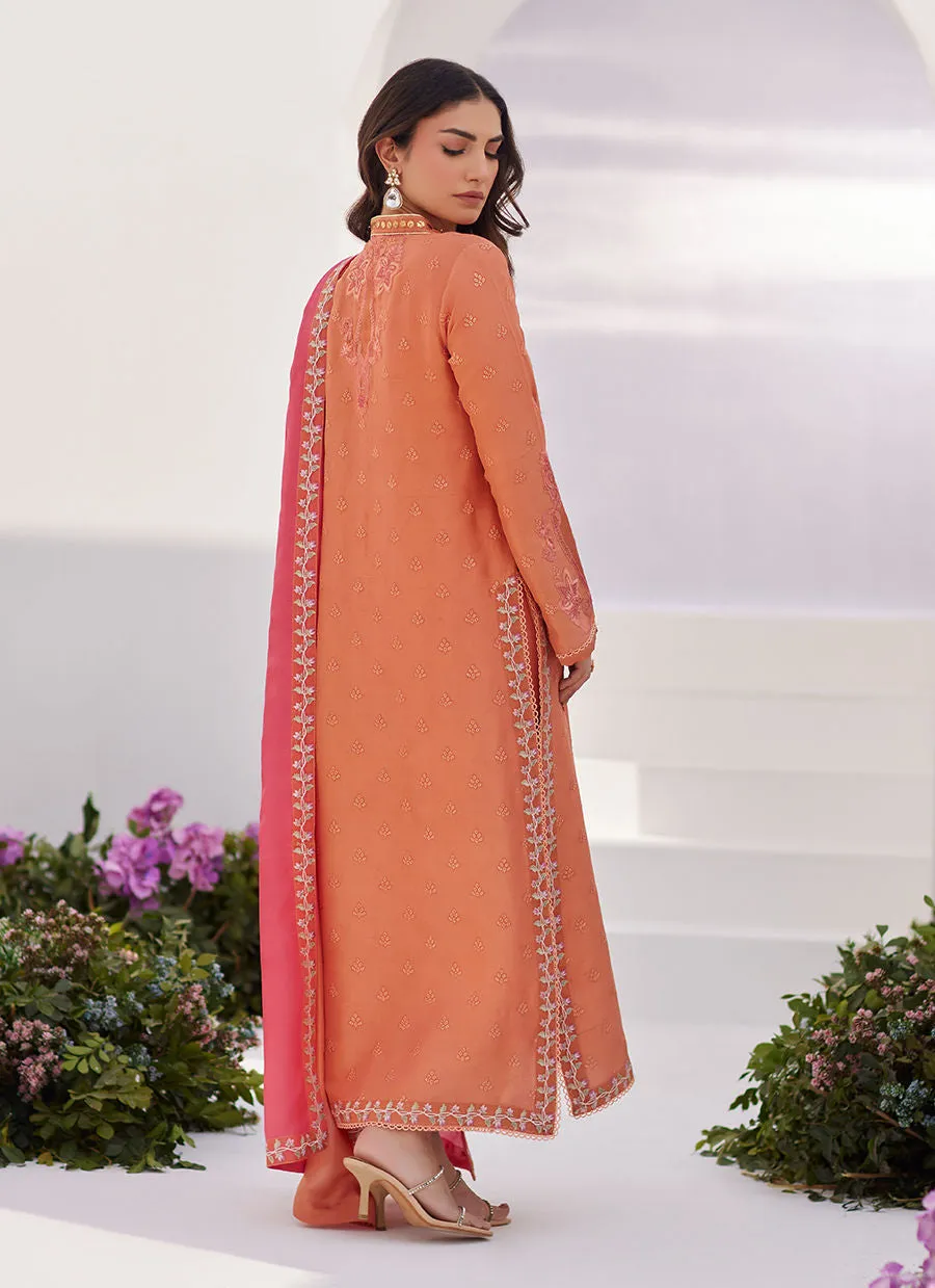 Zaza '24 - Elyna Coral Embroidered Raw Silk Shirt And Dupatta