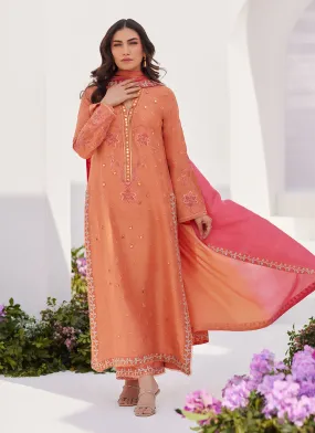 Zaza '24 - Elyna Coral Embroidered Raw Silk Shirt And Dupatta